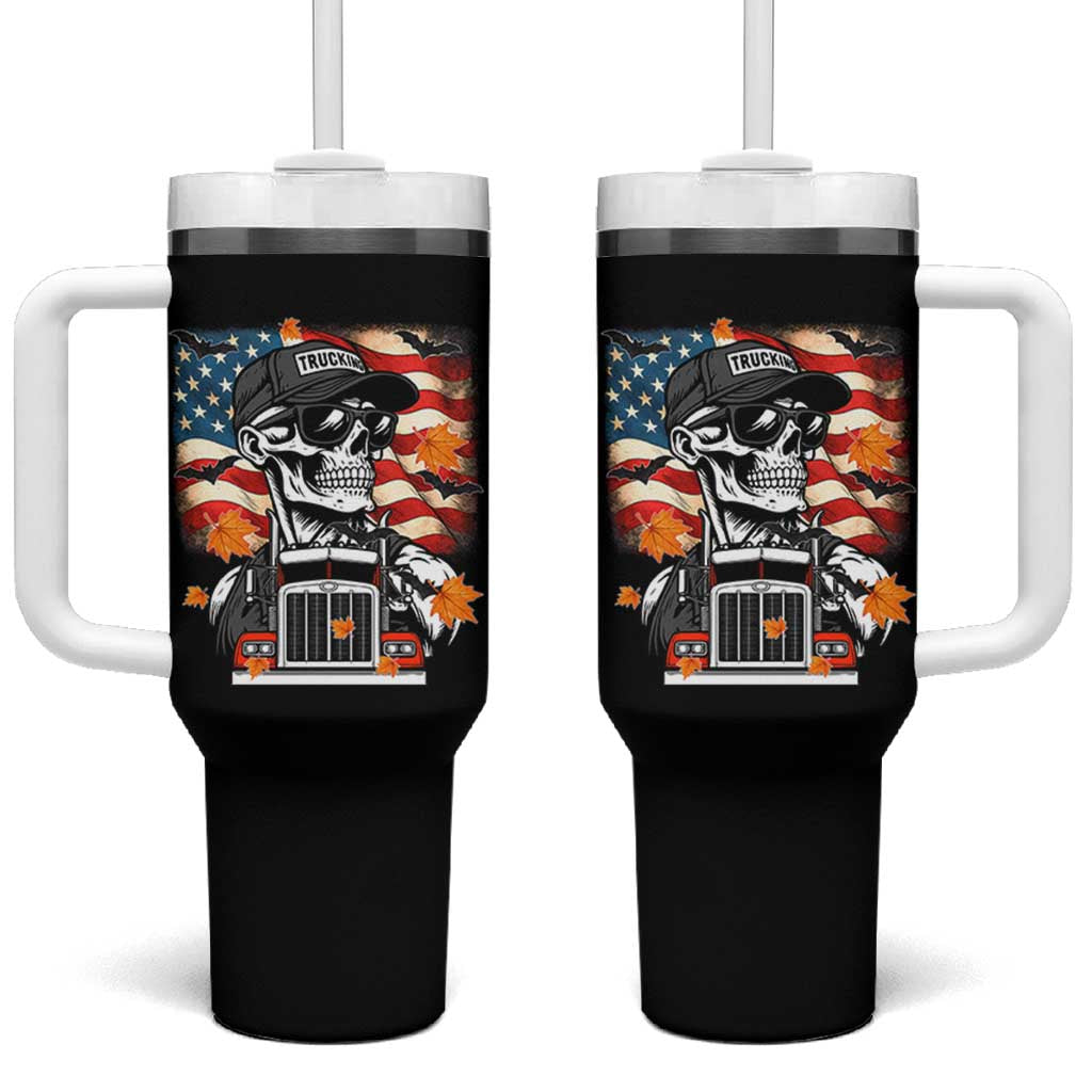 Patriotic Trucker Skeleton American Flag Tumbler With Handle - Wonder Print Shop