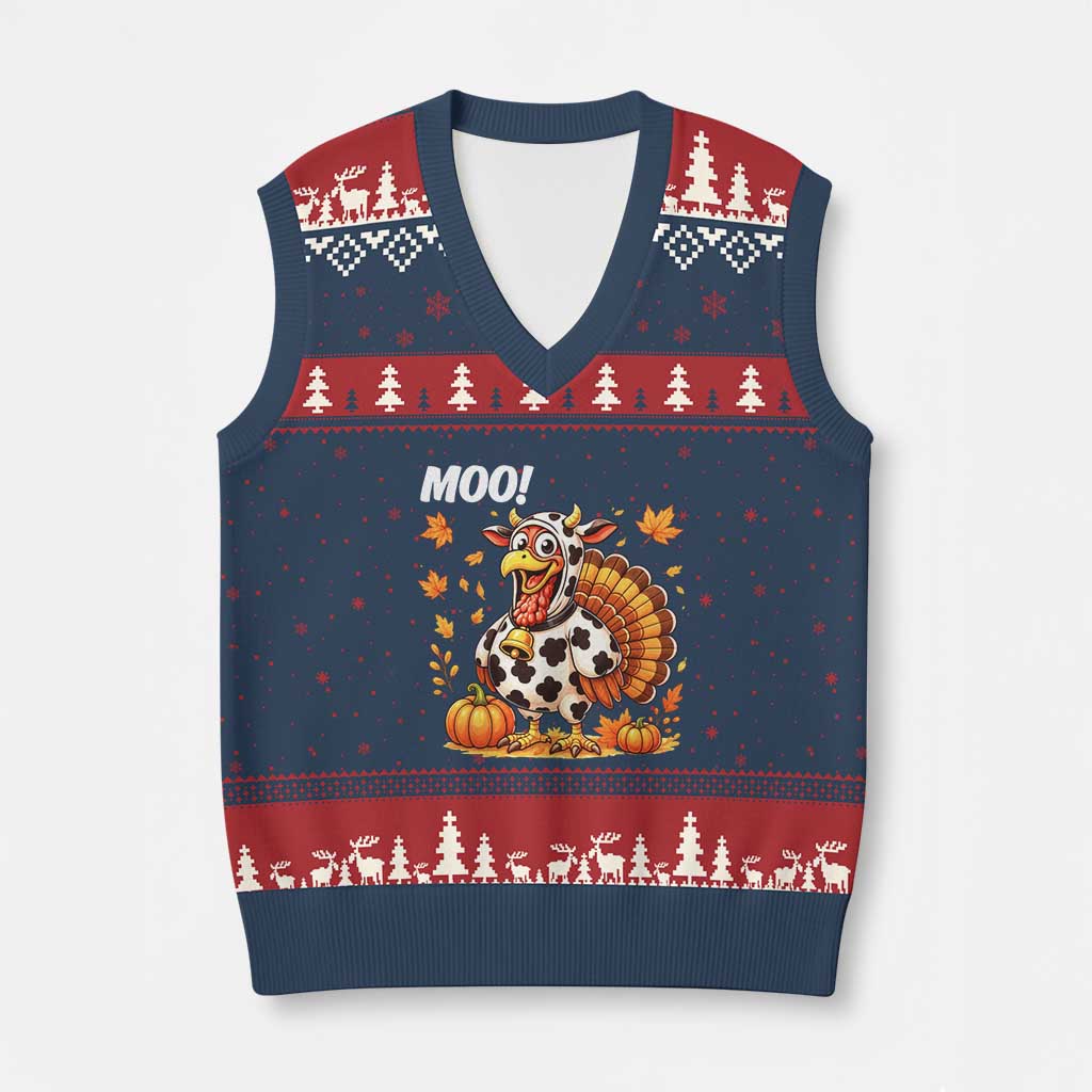 Funny Thanksgiving V-Neck Knit Sweater Vest Turkey Moo - Wonder Print Shop