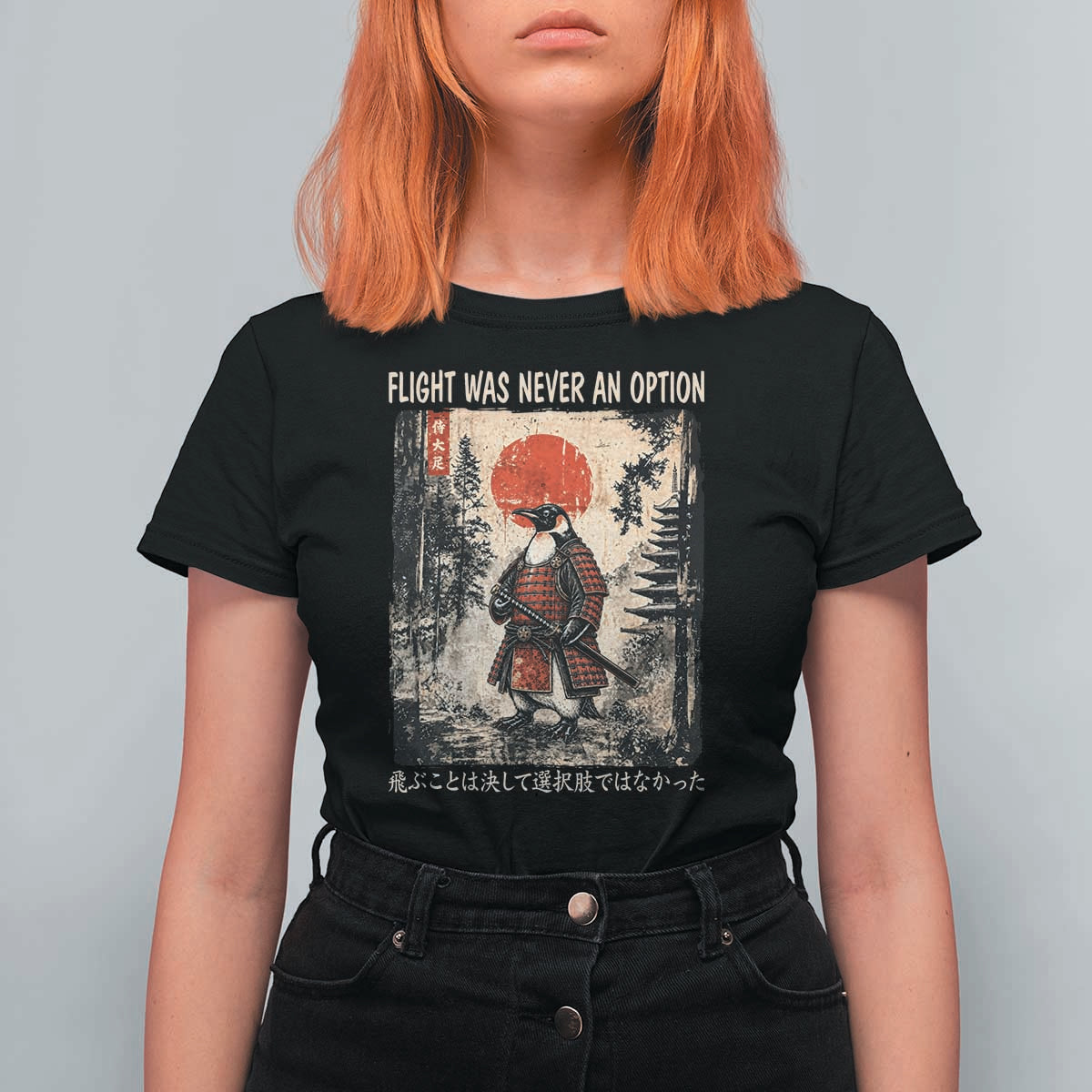 Flight was Never an Option Samurai Penguin Japanese T Shirt For Women Vintage Graphic Ukiyo-e Art Funny
