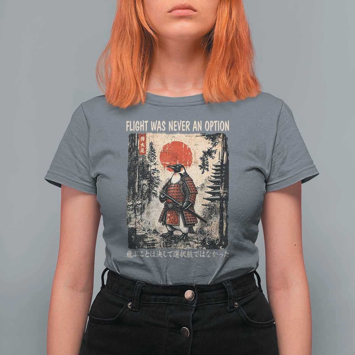 Flight was Never an Option Samurai Penguin Japanese T Shirt For Women Vintage Graphic Ukiyo-e Art Funny
