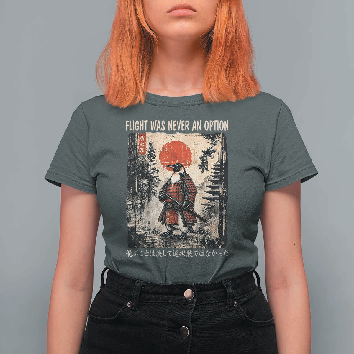 Flight was Never an Option Samurai Penguin Japanese T Shirt For Women Vintage Graphic Ukiyo-e Art Funny