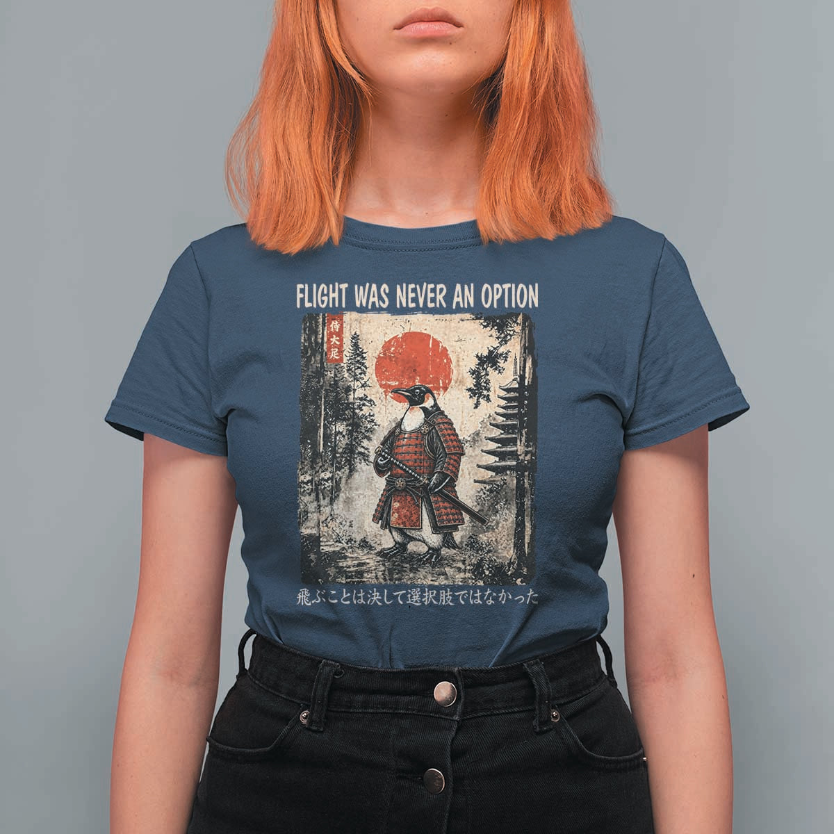 Flight was Never an Option Samurai Penguin Japanese T Shirt For Women Vintage Graphic Ukiyo-e Art Funny