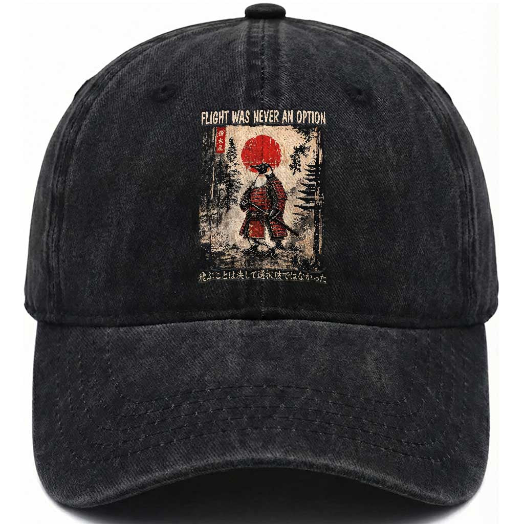 Flight was Never an Option Samurai Penguin Japanese Washed Cotton Baseball Cap Vintage Graphic Ukiyo-e Art Funny