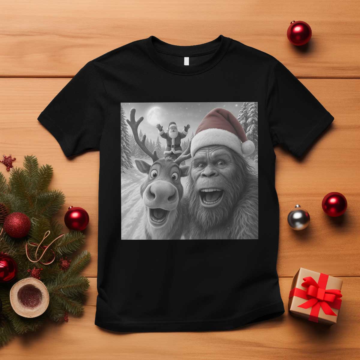 Funny Bigfoot Selfie Christmas T Shirt Santa Reindeer Sasquatch Xmas - Wonder Print Shop