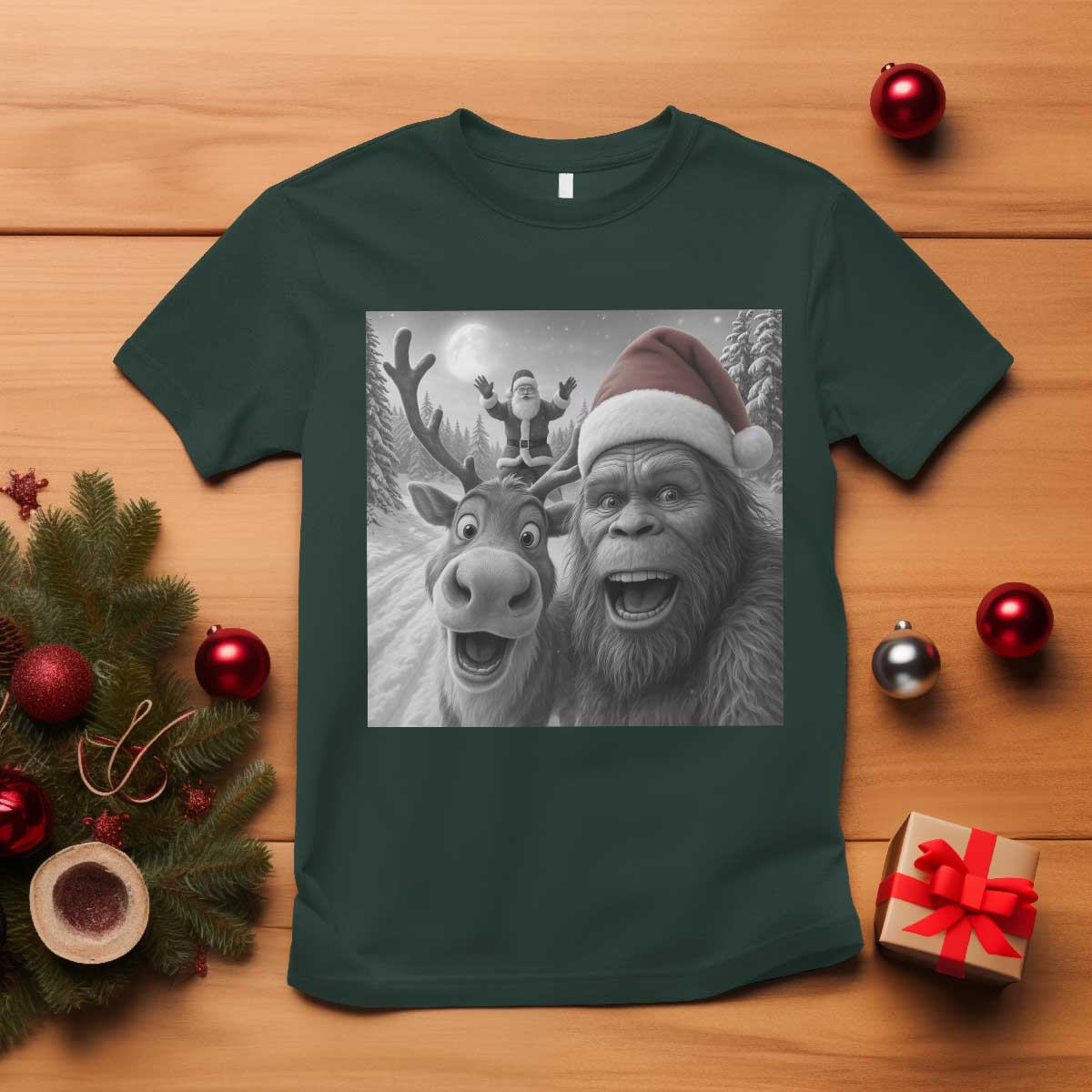 Funny Bigfoot Selfie Christmas T Shirt Santa Reindeer Sasquatch Xmas - Wonder Print Shop
