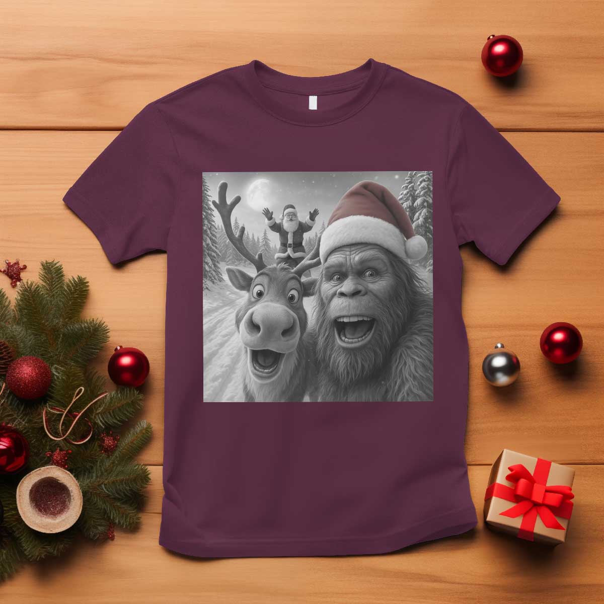 Funny Bigfoot Selfie Christmas T Shirt Santa Reindeer Sasquatch Xmas - Wonder Print Shop