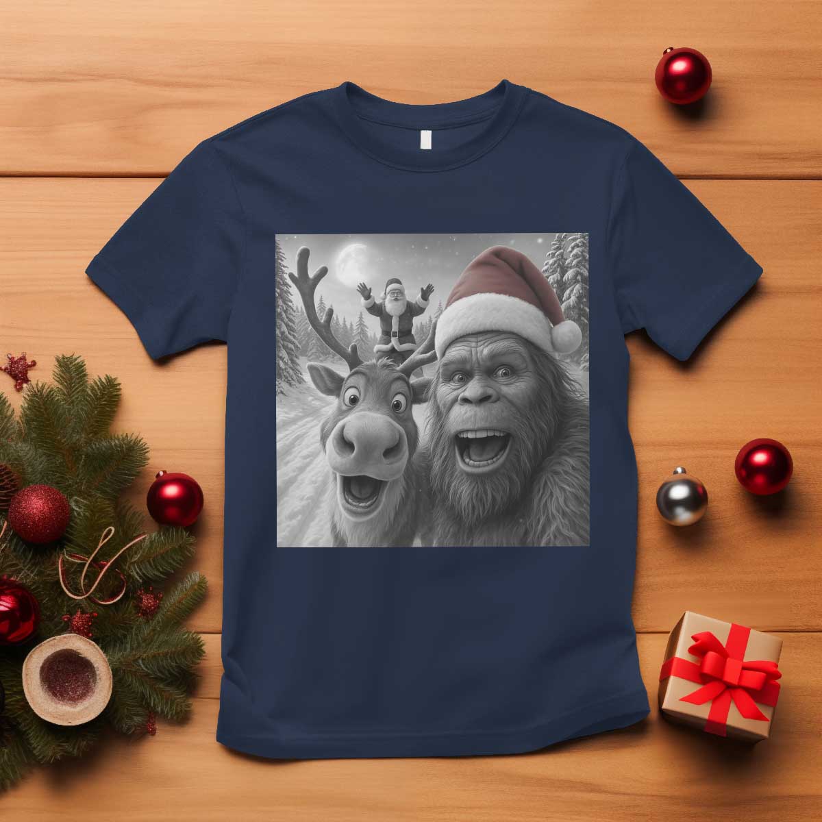 Funny Bigfoot Selfie Christmas T Shirt Santa Reindeer Sasquatch Xmas - Wonder Print Shop