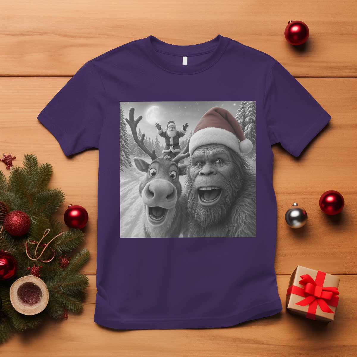 Funny Bigfoot Selfie Christmas T Shirt Santa Reindeer Sasquatch Xmas - Wonder Print Shop