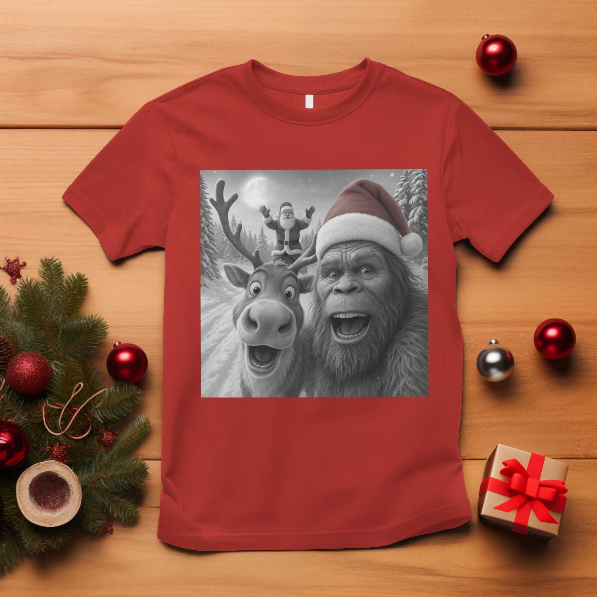 Funny Bigfoot Selfie Christmas T Shirt Santa Reindeer Sasquatch Xmas - Wonder Print Shop