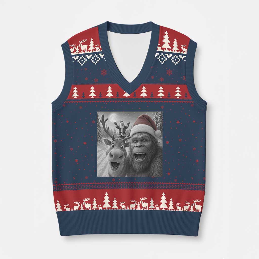 Funny Bigfoot Selfie Xmas V-Neck Knit Sweater Vest Santa Reindeer Sasquatch Xmas - Wonder Print Shop