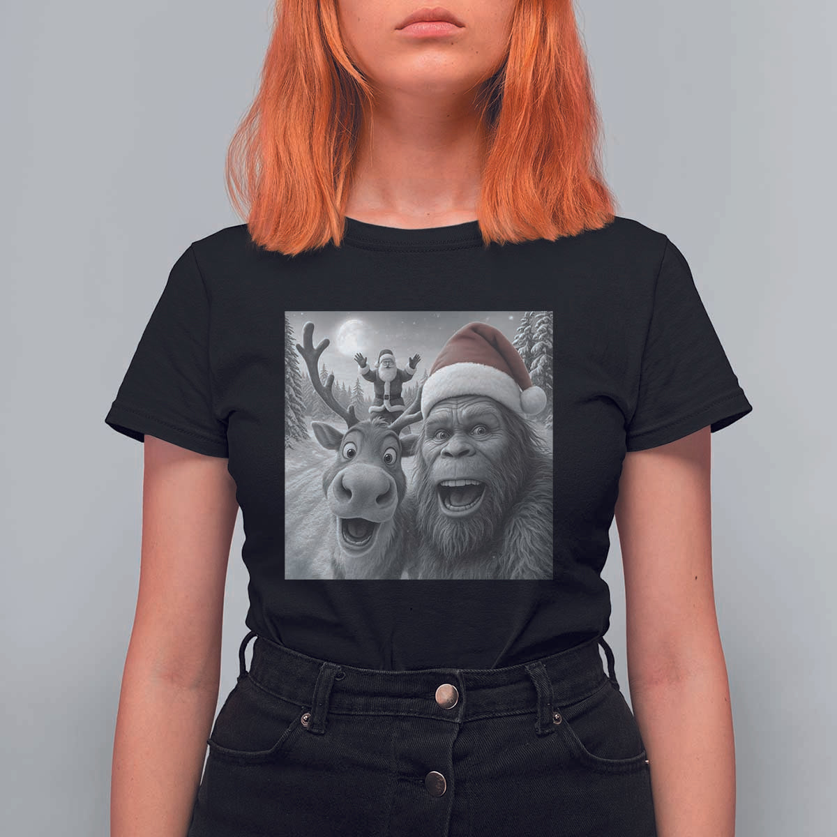 Funny Bigfoot Selfie Christmas T Shirt For Women Santa Reindeer Sasquatch Xmas - Wonder Print Shop