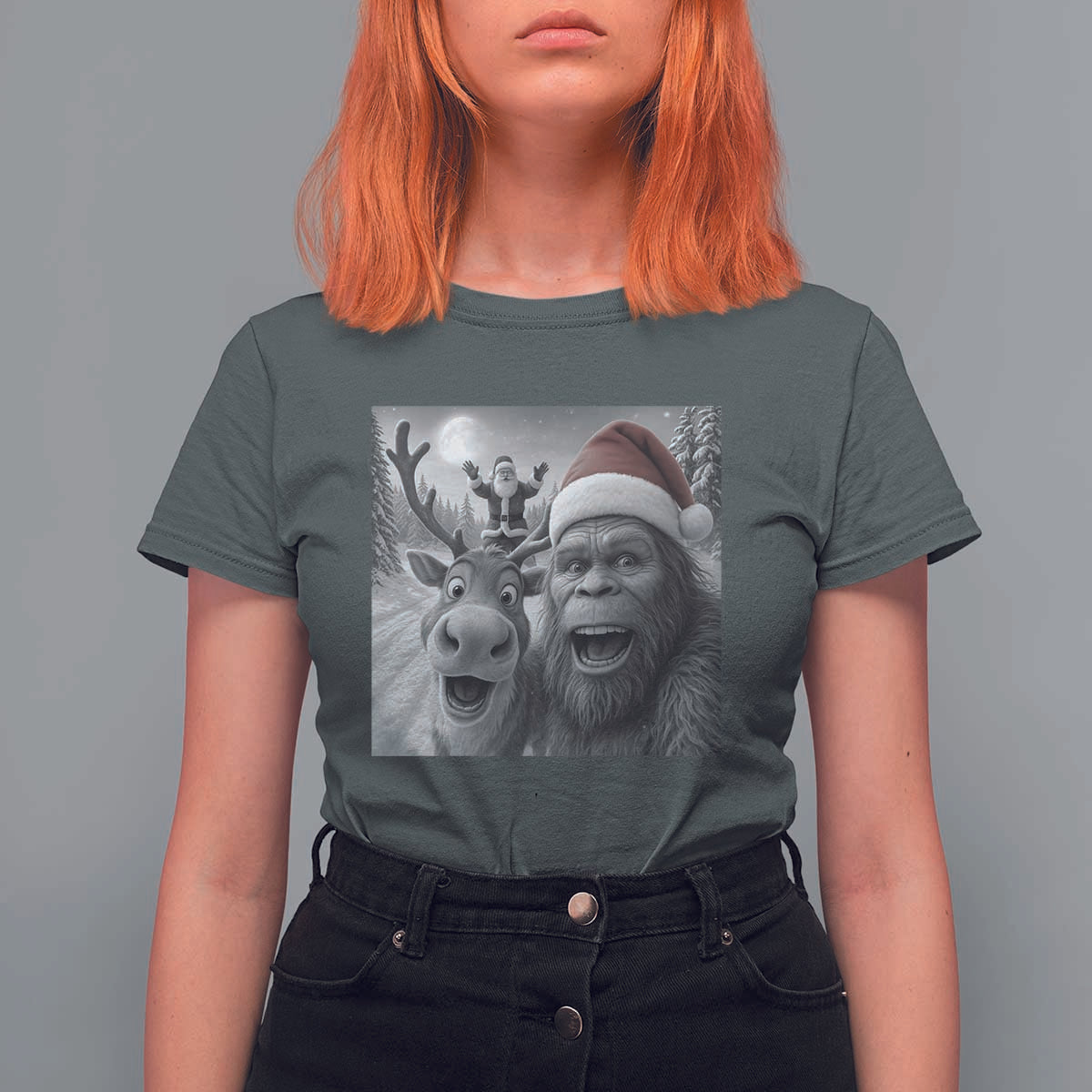 Funny Bigfoot Selfie Christmas T Shirt For Women Santa Reindeer Sasquatch Xmas - Wonder Print Shop