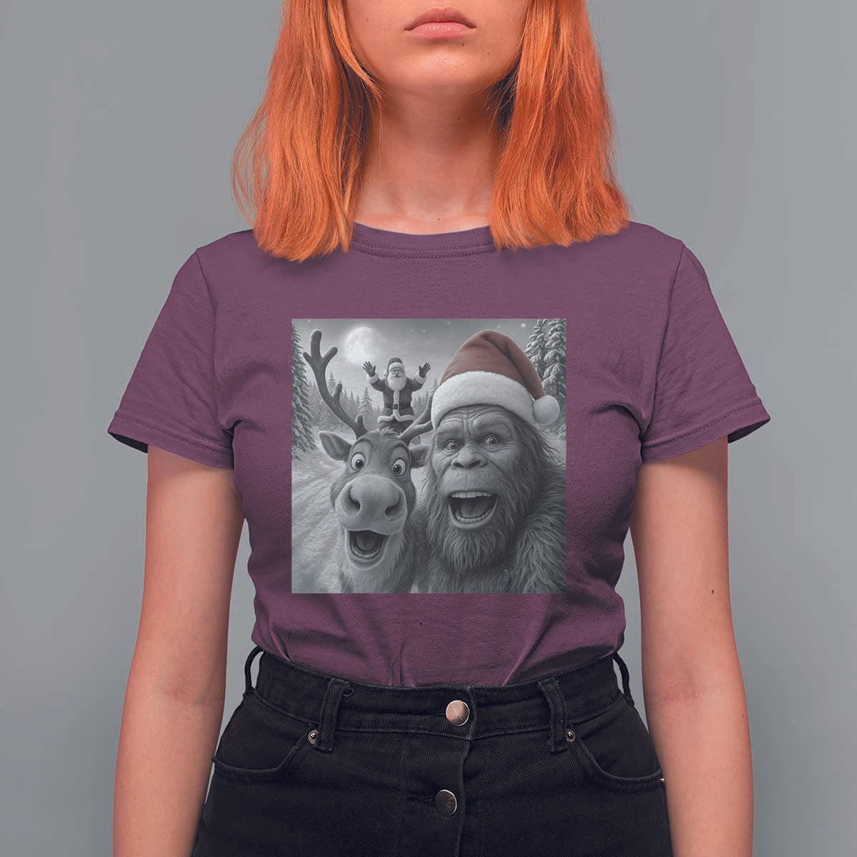Funny Bigfoot Selfie Christmas T Shirt For Women Santa Reindeer Sasquatch Xmas - Wonder Print Shop