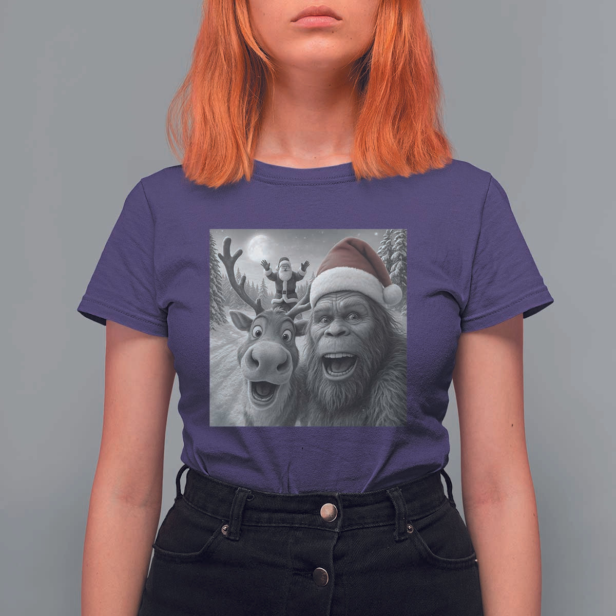 Funny Bigfoot Selfie Christmas T Shirt For Women Santa Reindeer Sasquatch Xmas - Wonder Print Shop