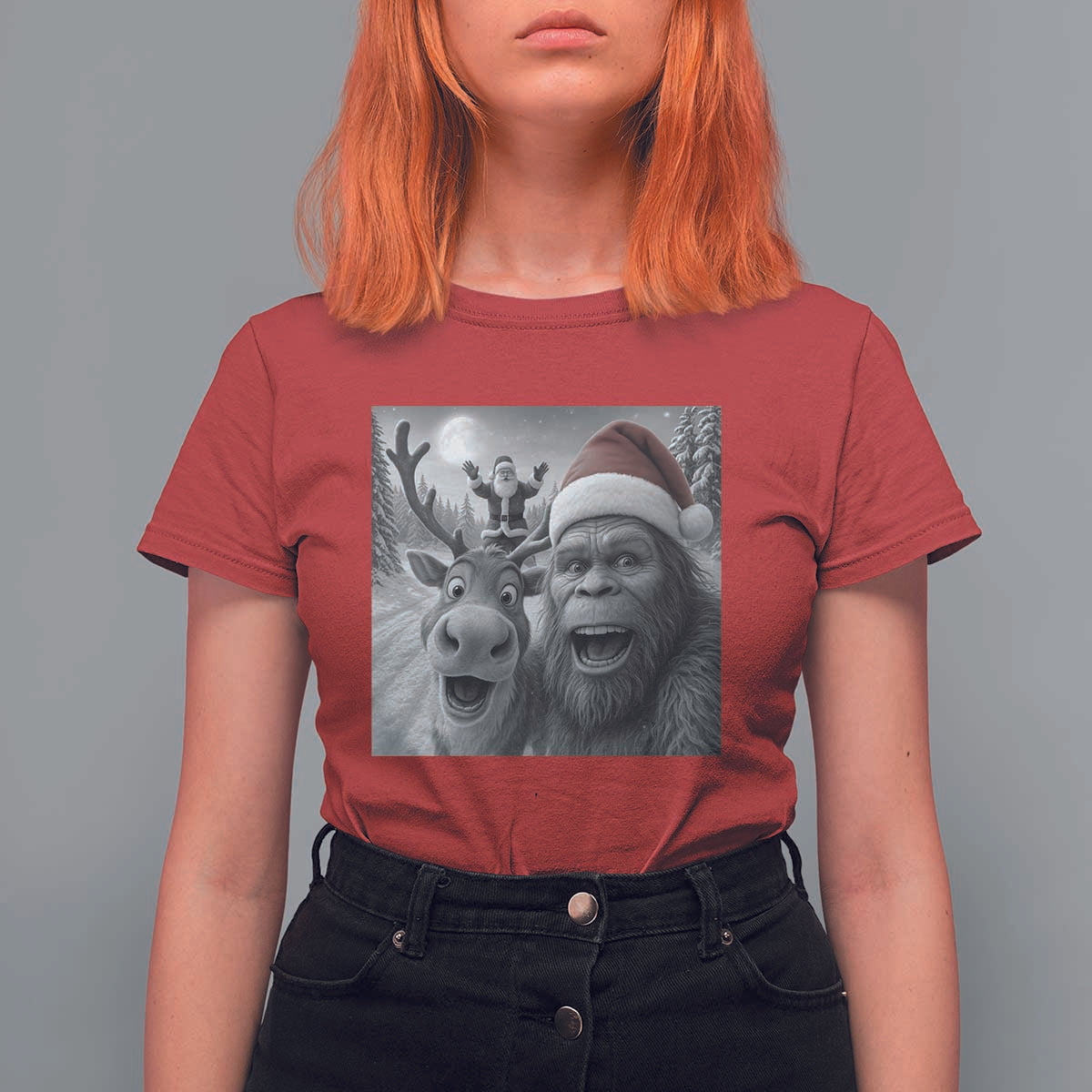 Funny Bigfoot Selfie Christmas T Shirt For Women Santa Reindeer Sasquatch Xmas - Wonder Print Shop