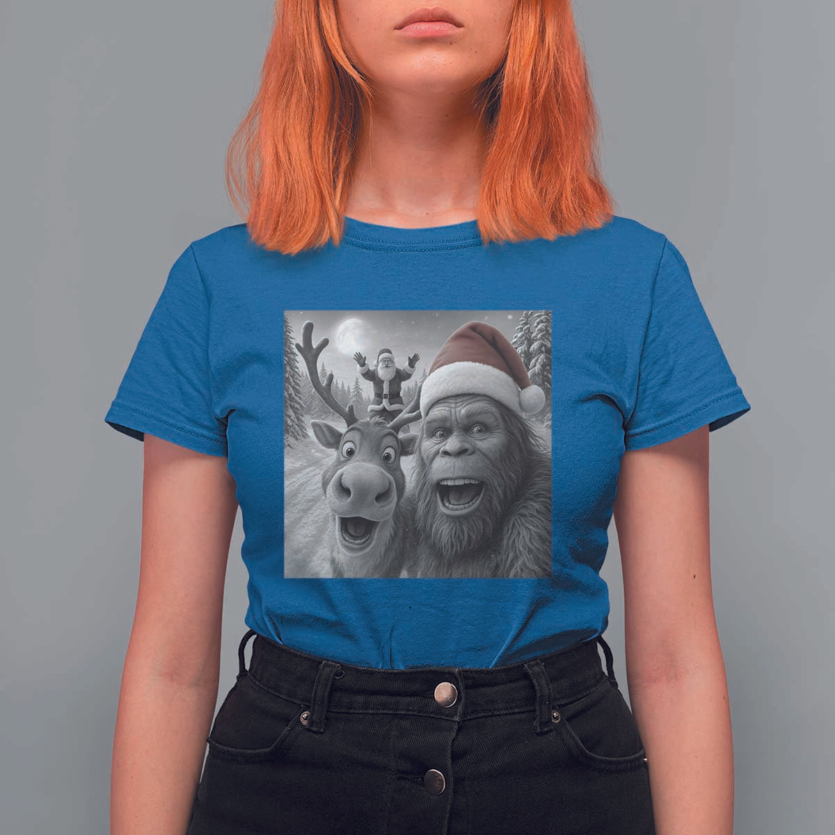 Funny Bigfoot Selfie Christmas T Shirt For Women Santa Reindeer Sasquatch Xmas - Wonder Print Shop
