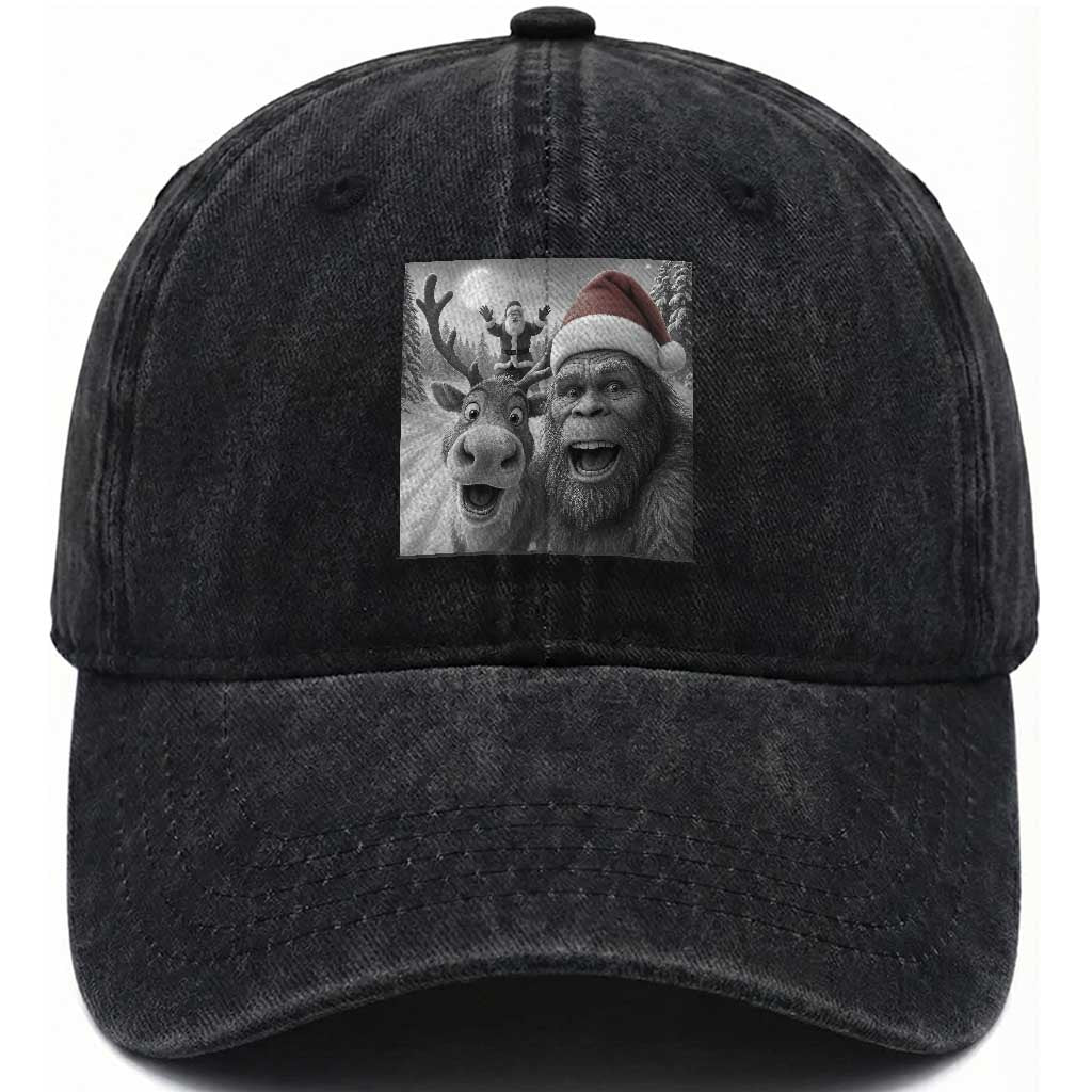 Funny Bigfoot Selfie Christmas Washed Cotton Baseball Cap Santa Reindeer Sasquatch Xmas