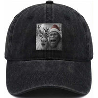 Funny Bigfoot Selfie Christmas Washed Cotton Baseball Cap Santa Reindeer Sasquatch Xmas