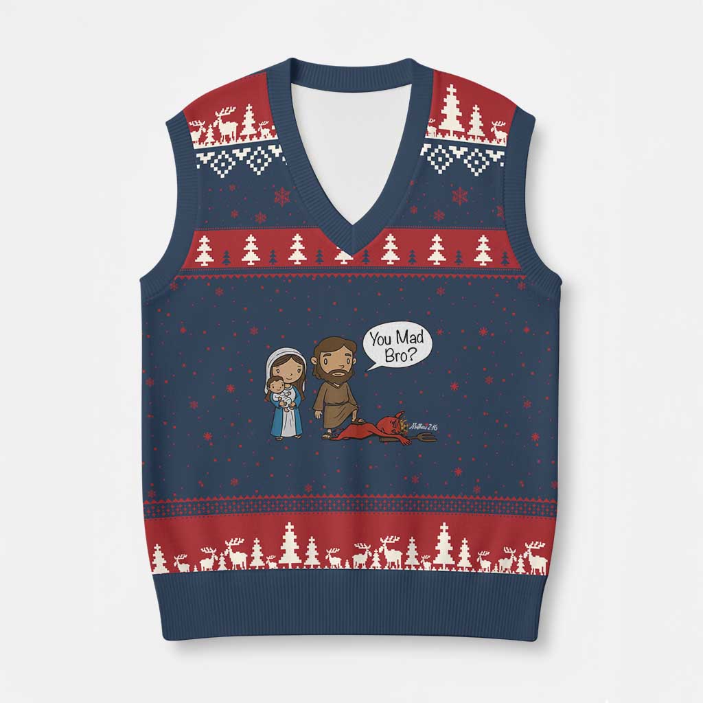 Funny Christian V-Neck Knit Sweater Vest You Mad Bro Matthew 2:16 - Wonder Print Shop