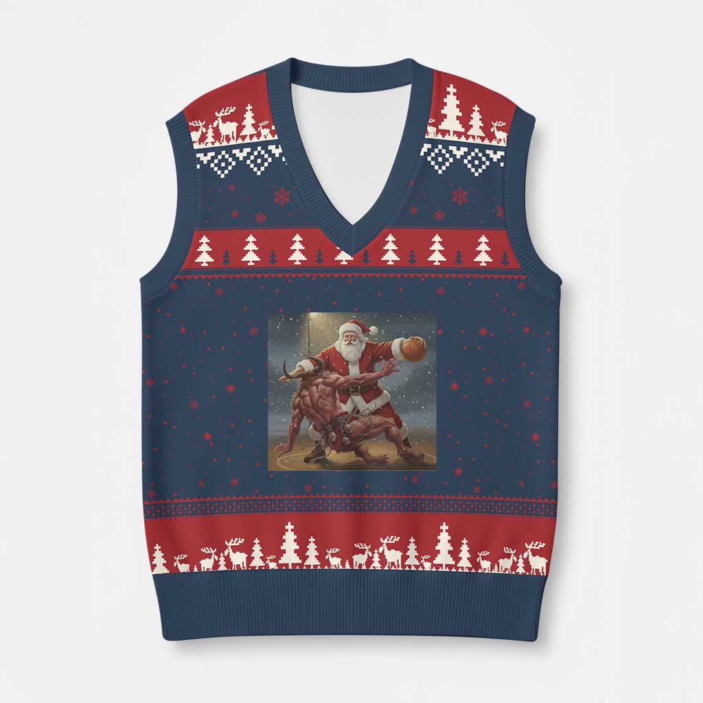 Funny Santa Basketball V-Neck Knit Sweater Vest Satan Xmas Meme - Wonder Print Shop