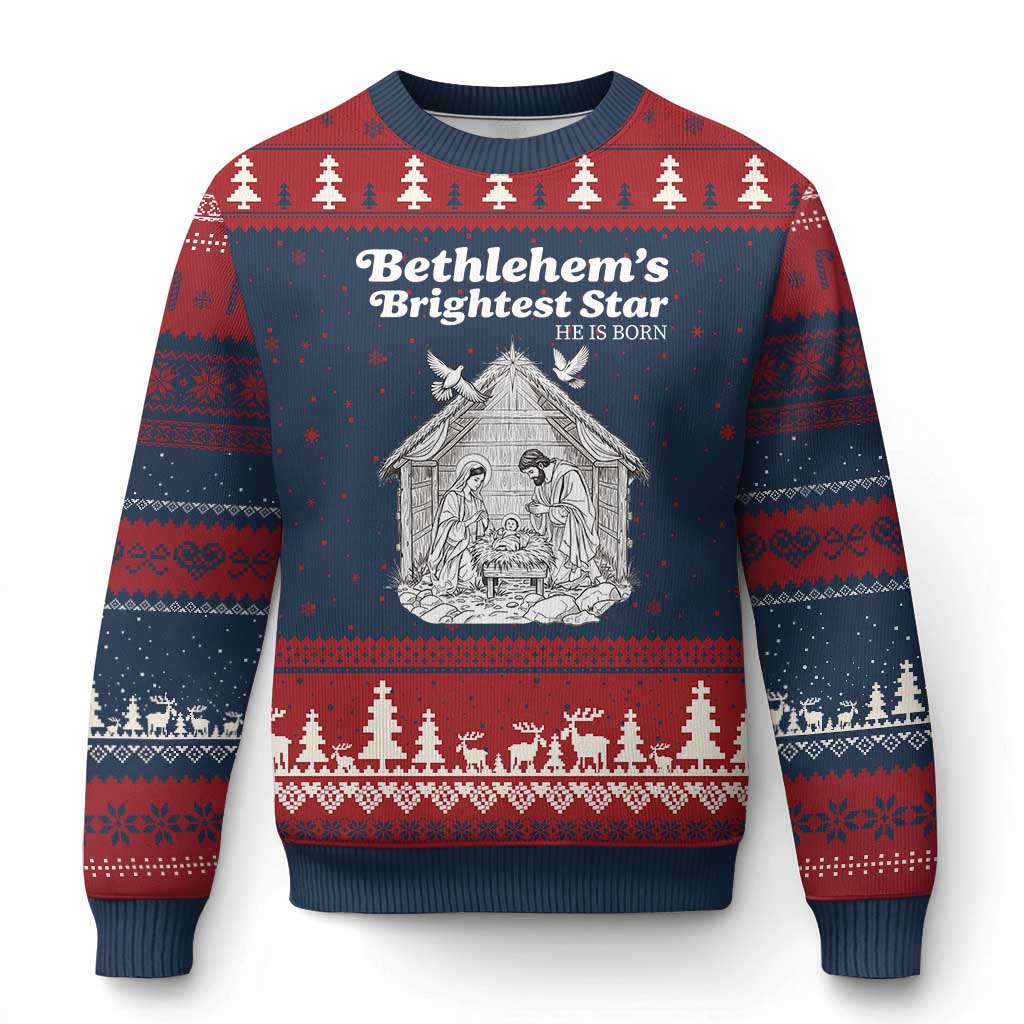 Nativity Scene Ugly Christmas Sweater Brightest Star of Bethlehem He Is Born Christian Xmas - Wonder Print Shop