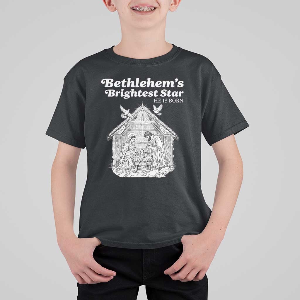 Nativity Scene T Shirt For Kid Brightest Star of Bethlehem He Is Born Christian Christmas - Wonder Print Shop