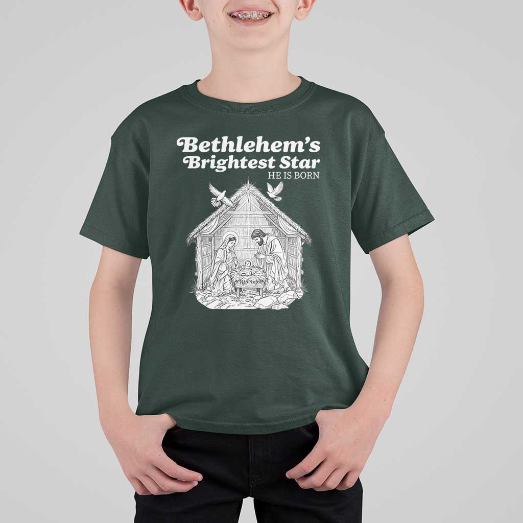 Nativity Scene T Shirt For Kid Brightest Star of Bethlehem He Is Born Christian Christmas - Wonder Print Shop
