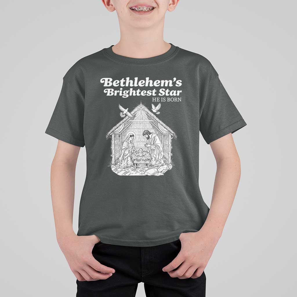 Nativity Scene T Shirt For Kid Brightest Star of Bethlehem He Is Born Christian Christmas - Wonder Print Shop