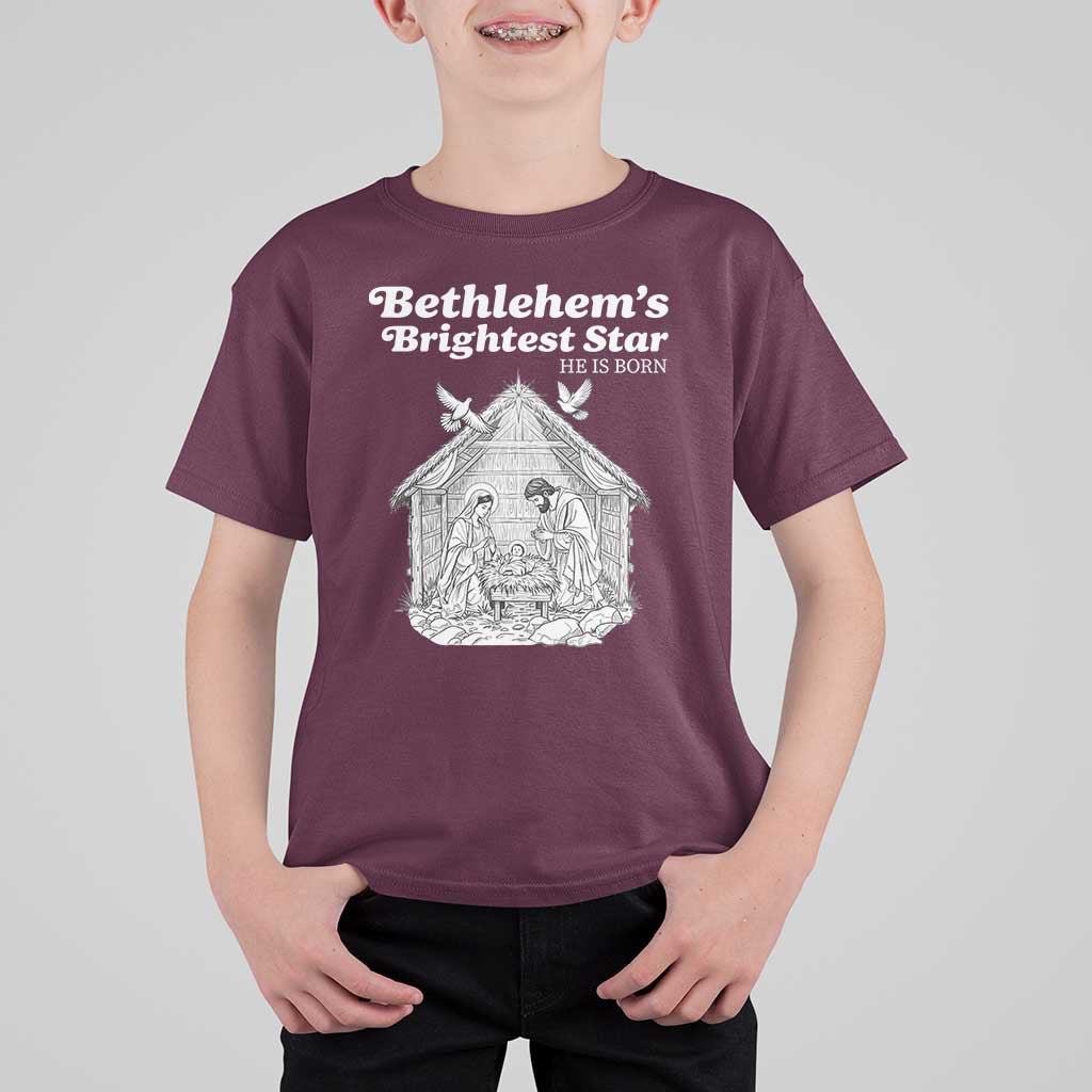 Nativity Scene T Shirt For Kid Brightest Star of Bethlehem He Is Born Christian Christmas - Wonder Print Shop