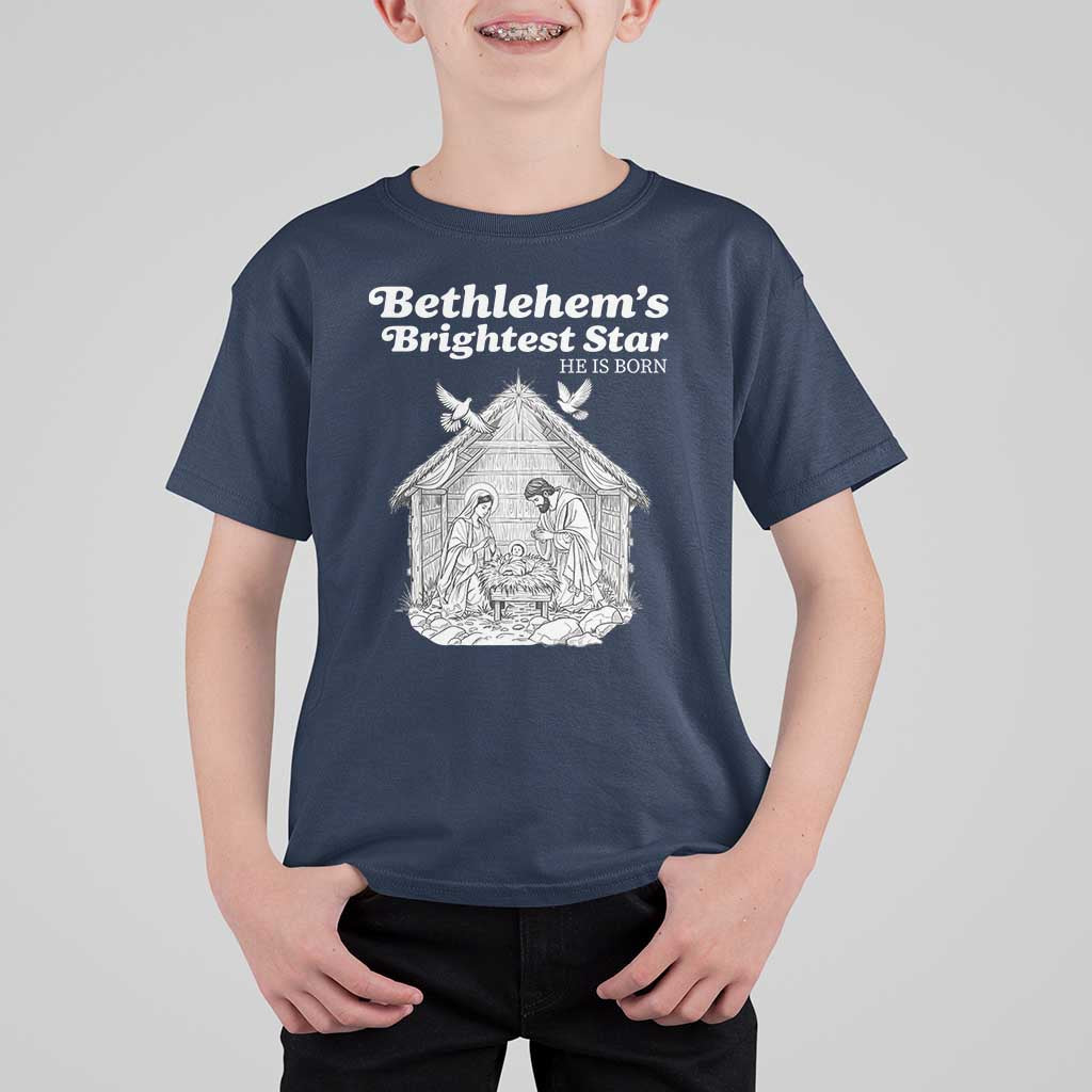 Nativity Scene T Shirt For Kid Brightest Star of Bethlehem He Is Born Christian Christmas - Wonder Print Shop