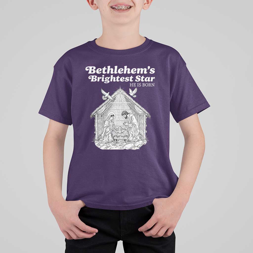 Nativity Scene T Shirt For Kid Brightest Star of Bethlehem He Is Born Christian Christmas - Wonder Print Shop