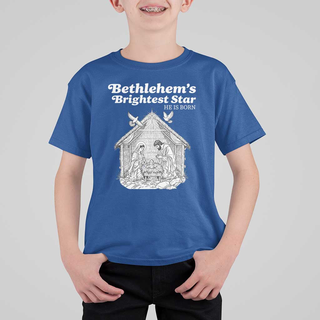 Nativity Scene T Shirt For Kid Brightest Star of Bethlehem He Is Born Christian Christmas - Wonder Print Shop