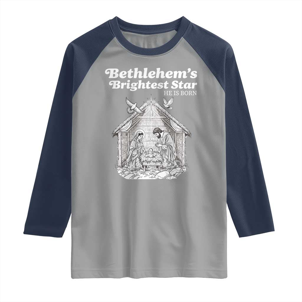 Nativity Scene Raglan Shirt Brightest Star of Bethlehem He Is Born Christian Christmas - Wonder Print Shop