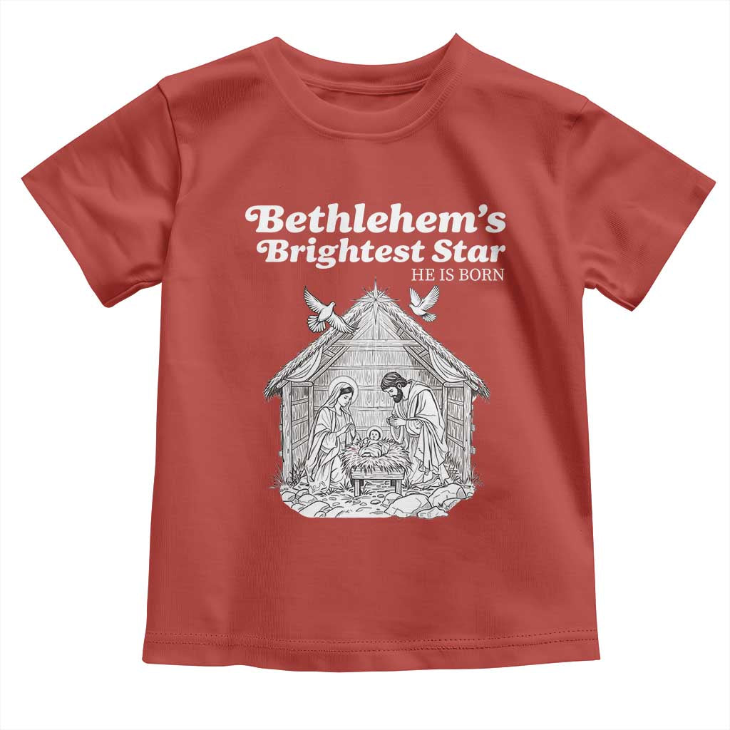 Nativity Scene Toddler T Shirt Brightest Star of Bethlehem He Is Born Christian Christmas - Wonder Print Shop