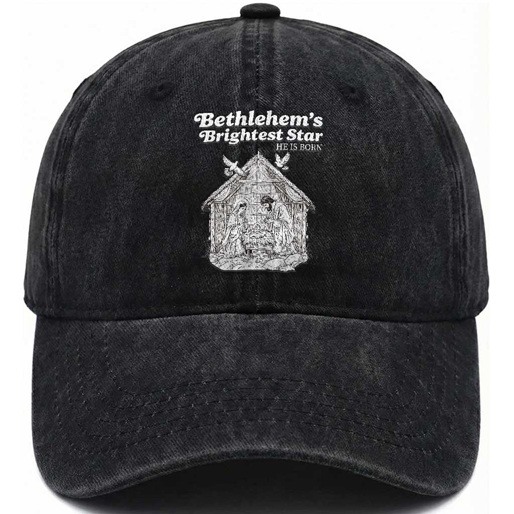 Nativity Scene Washed Cotton Baseball Cap Brightest Star of Bethlehem He Is Born Christian Christmas