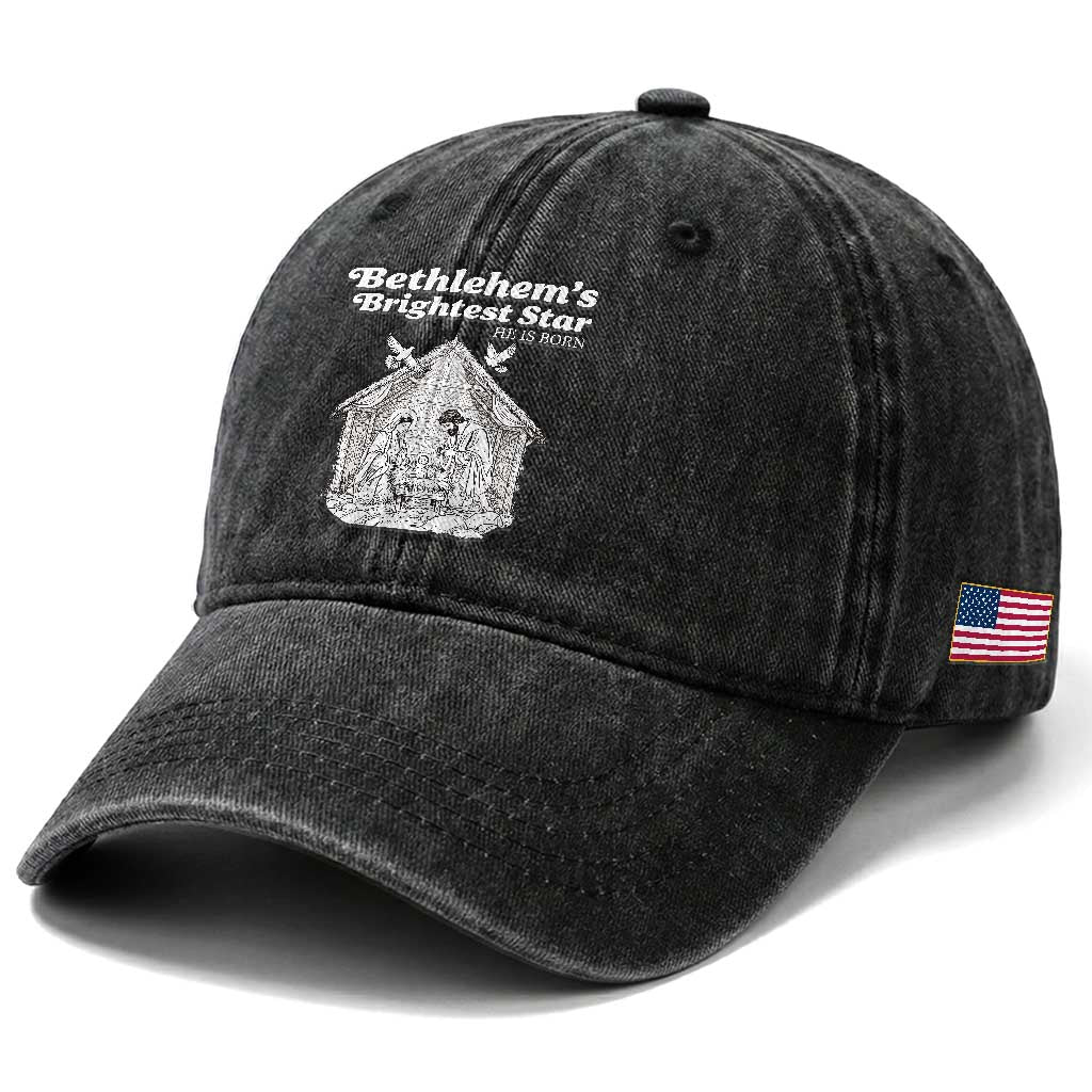 Nativity Scene Washed Cotton Baseball Cap Brightest Star of Bethlehem He Is Born Christian Christmas