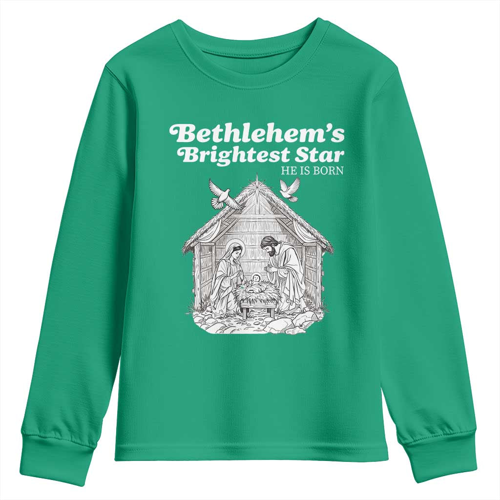 Nativity Scene Youth Sweatshirt Brightest Star of Bethlehem He Is Born Christian Christmas - Wonder Print Shop