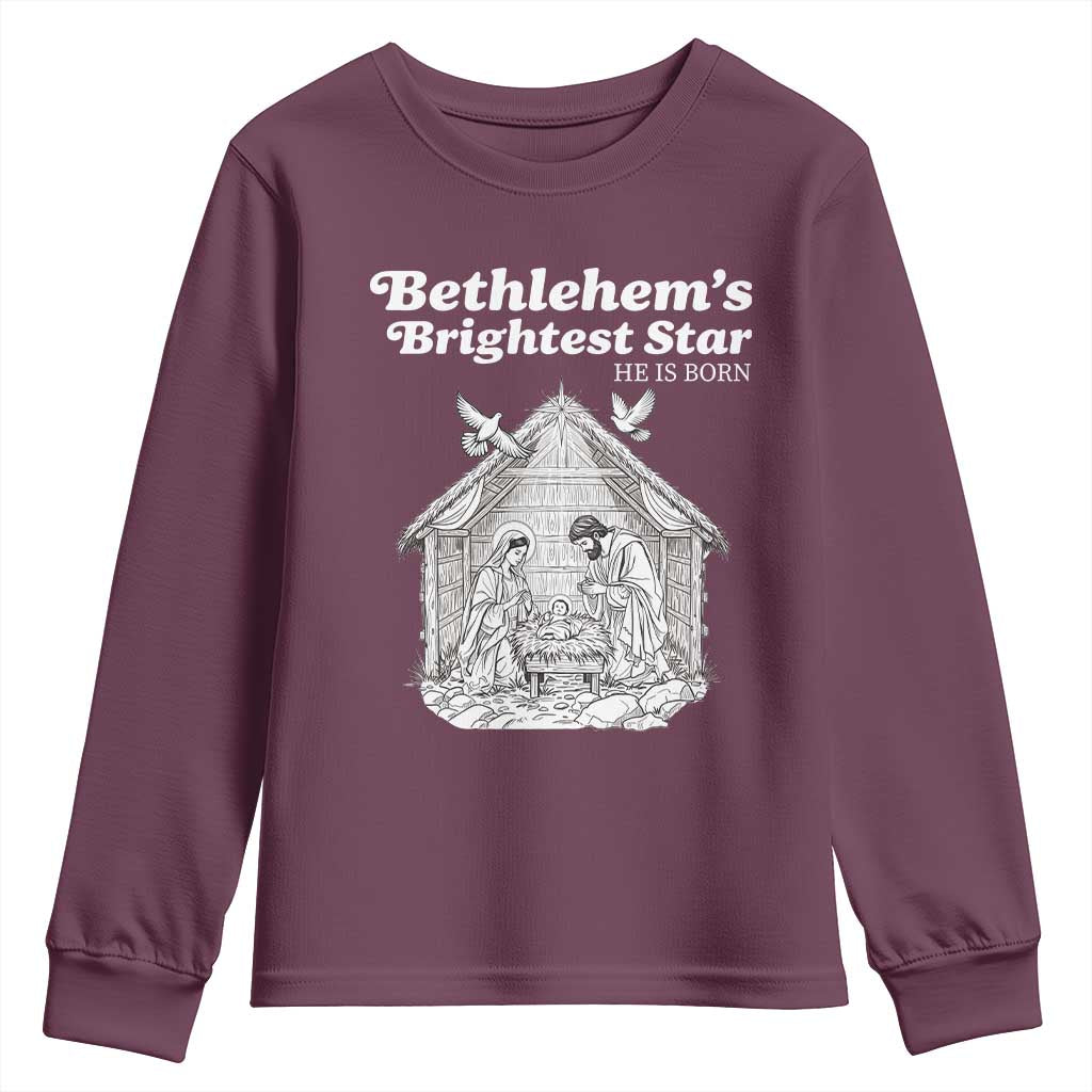 Nativity Scene Youth Sweatshirt Brightest Star of Bethlehem He Is Born Christian Christmas - Wonder Print Shop