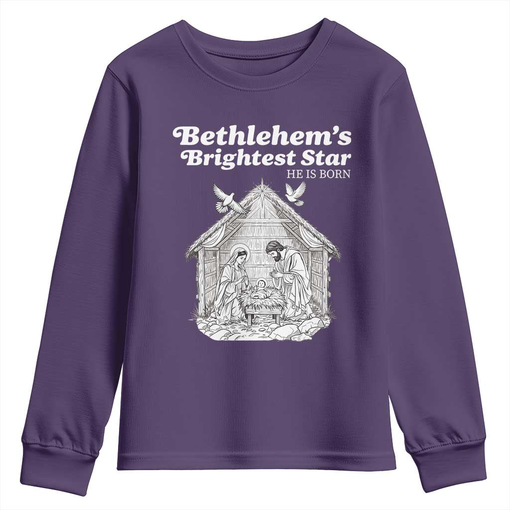 Nativity Scene Youth Sweatshirt Brightest Star of Bethlehem He Is Born Christian Christmas - Wonder Print Shop