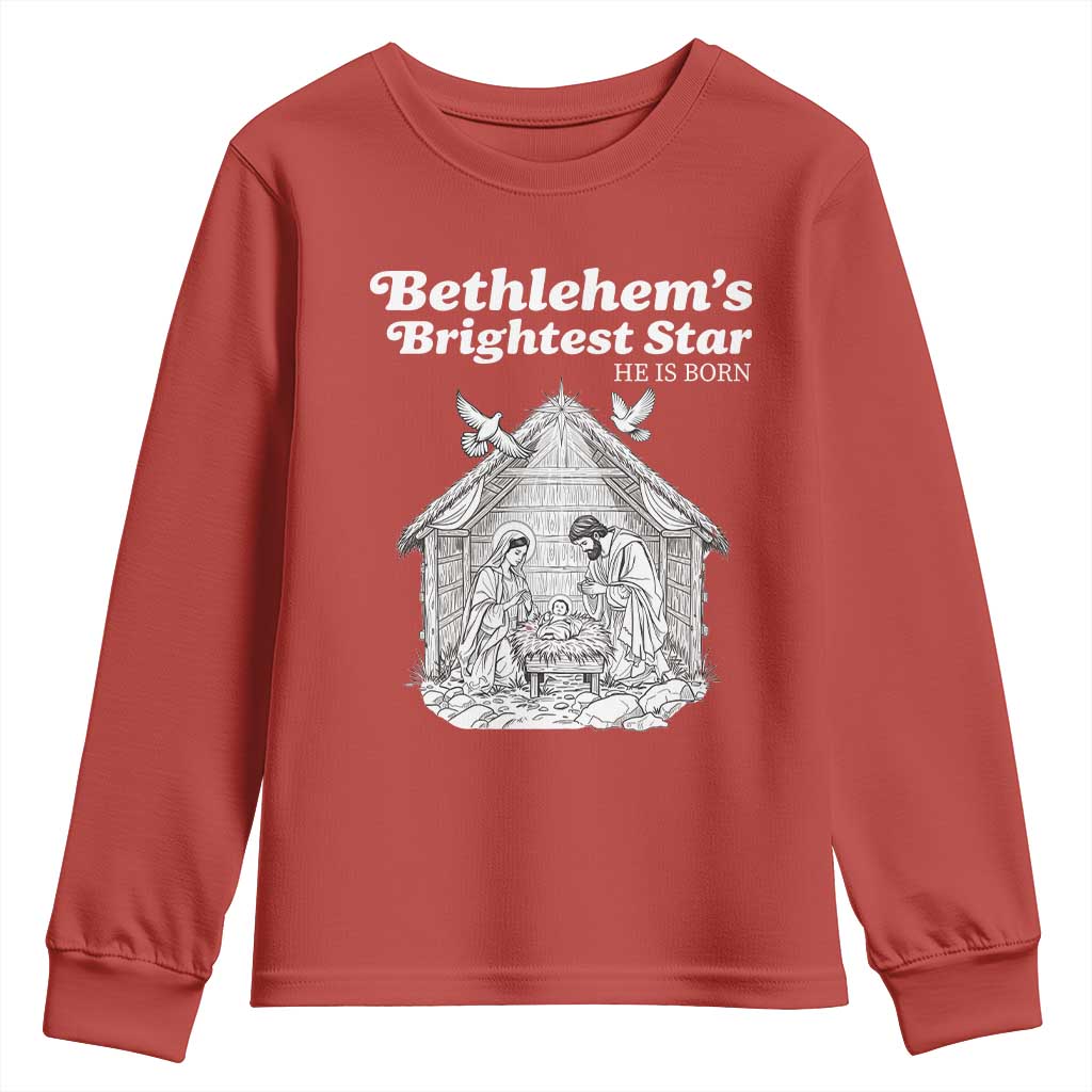 Nativity Scene Youth Sweatshirt Brightest Star of Bethlehem He Is Born Christian Christmas - Wonder Print Shop