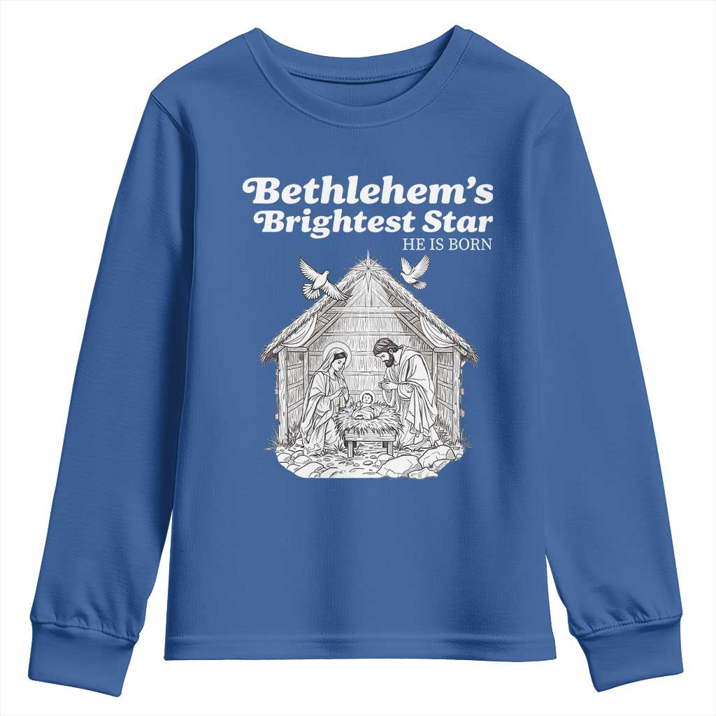 Nativity Scene Youth Sweatshirt Brightest Star of Bethlehem He Is Born Christian Christmas - Wonder Print Shop