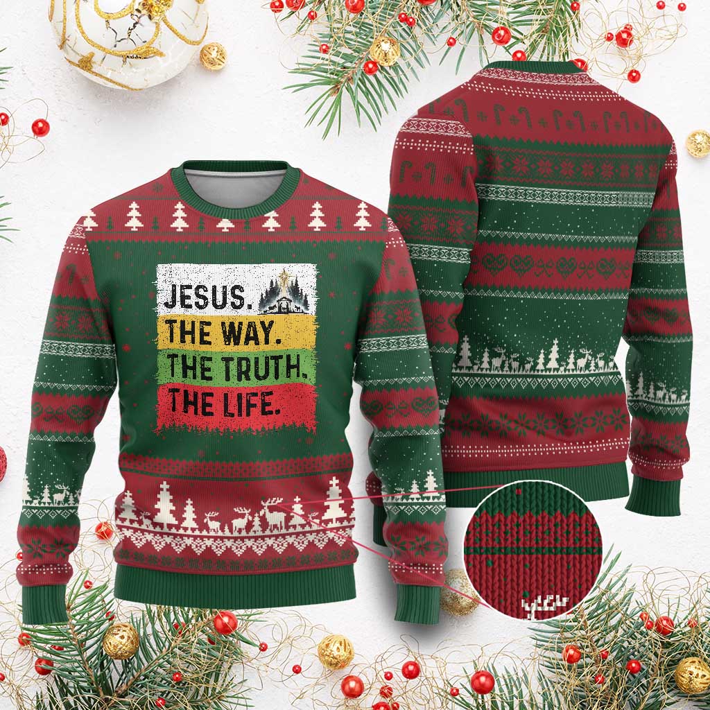 Jesus Christian Ugly Christmas Sweater The Way The Truth The Life Nativity Scene - Wonder Print Shop