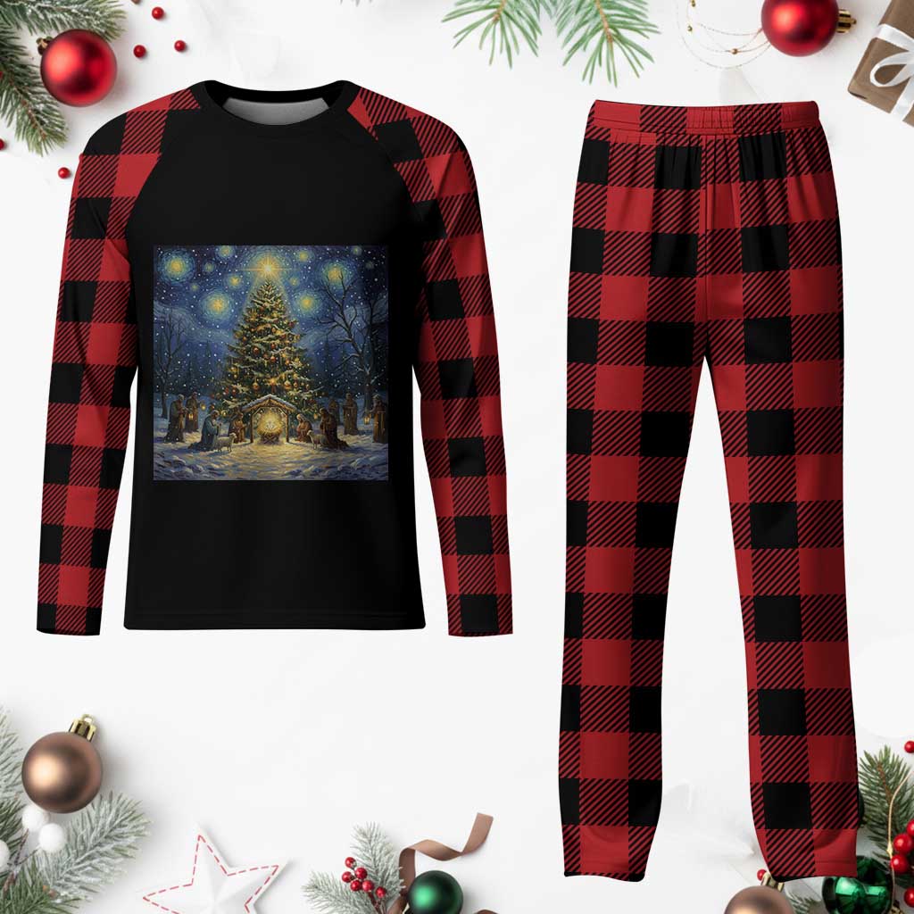 Nativity Scene Plaid Pajama Set Christmas Starry Night Christian Jesus Baby Jesus Holiday - Wonder Print Shop