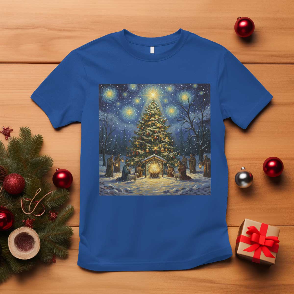 Nativity Scene T Shirt Christmas Starry Night Christian Jesus Baby Jesus Holiday - Wonder Print Shop