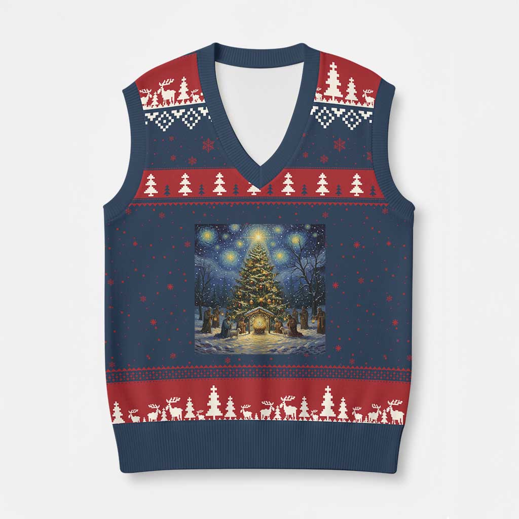 Nativity Scene V-Neck Knit Sweater Vest Xmas Starry Night Christian Jesus Baby Jesus Holiday - Wonder Print Shop