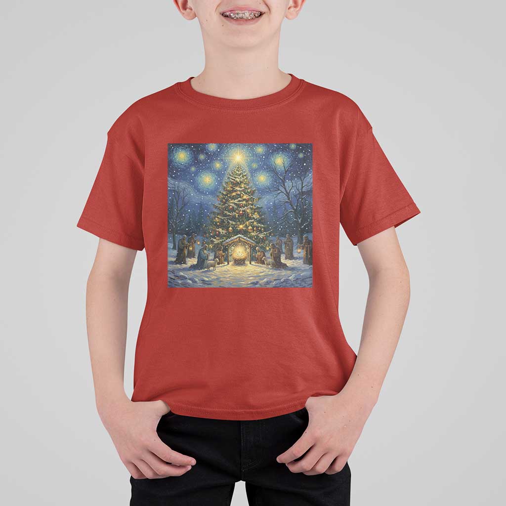 Nativity Scene T Shirt For Kid Christmas Starry Night Christian Jesus Baby Jesus Holiday - Wonder Print Shop