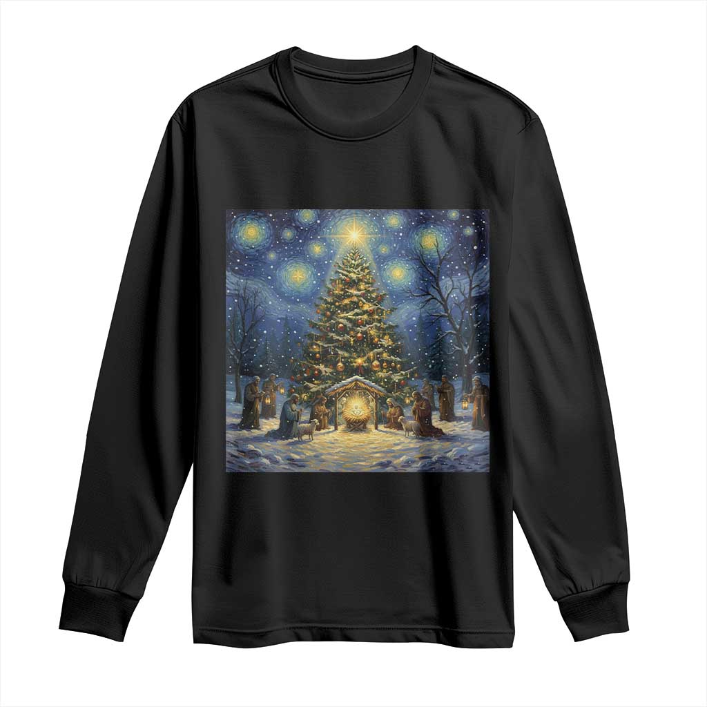 Nativity Scene Long Sleeve Shirt Christmas Starry Night Christian Jesus Baby Jesus Holiday - Wonder Print Shop