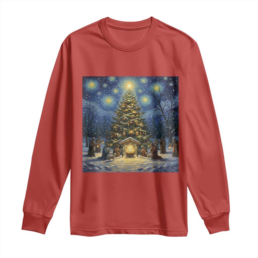 Nativity Scene Long Sleeve Shirt Christmas Starry Night Christian Jesus Baby Jesus Holiday - Wonder Print Shop