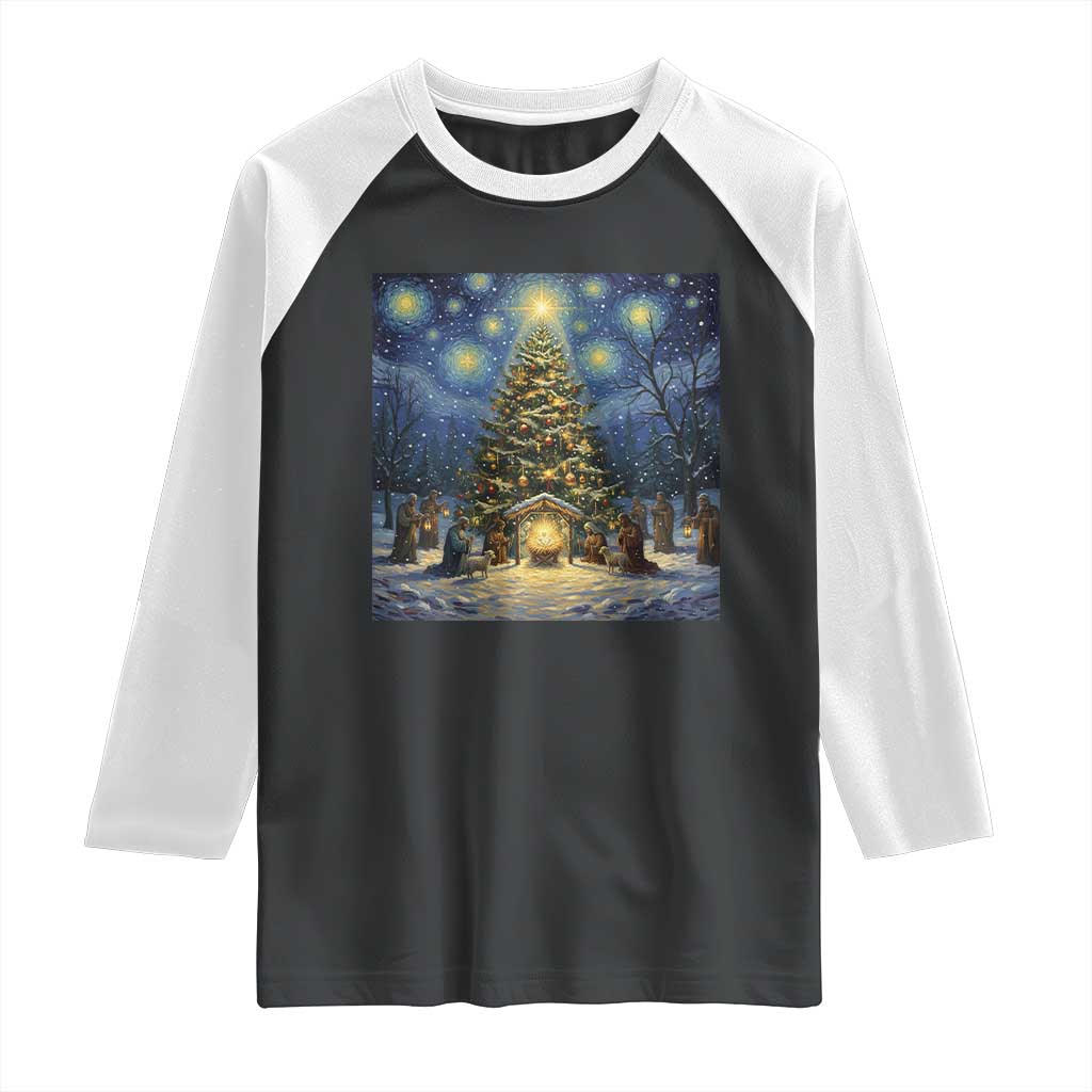 Nativity Scene Raglan Shirt Christmas Starry Night Christian Jesus Baby Jesus Holiday - Wonder Print Shop