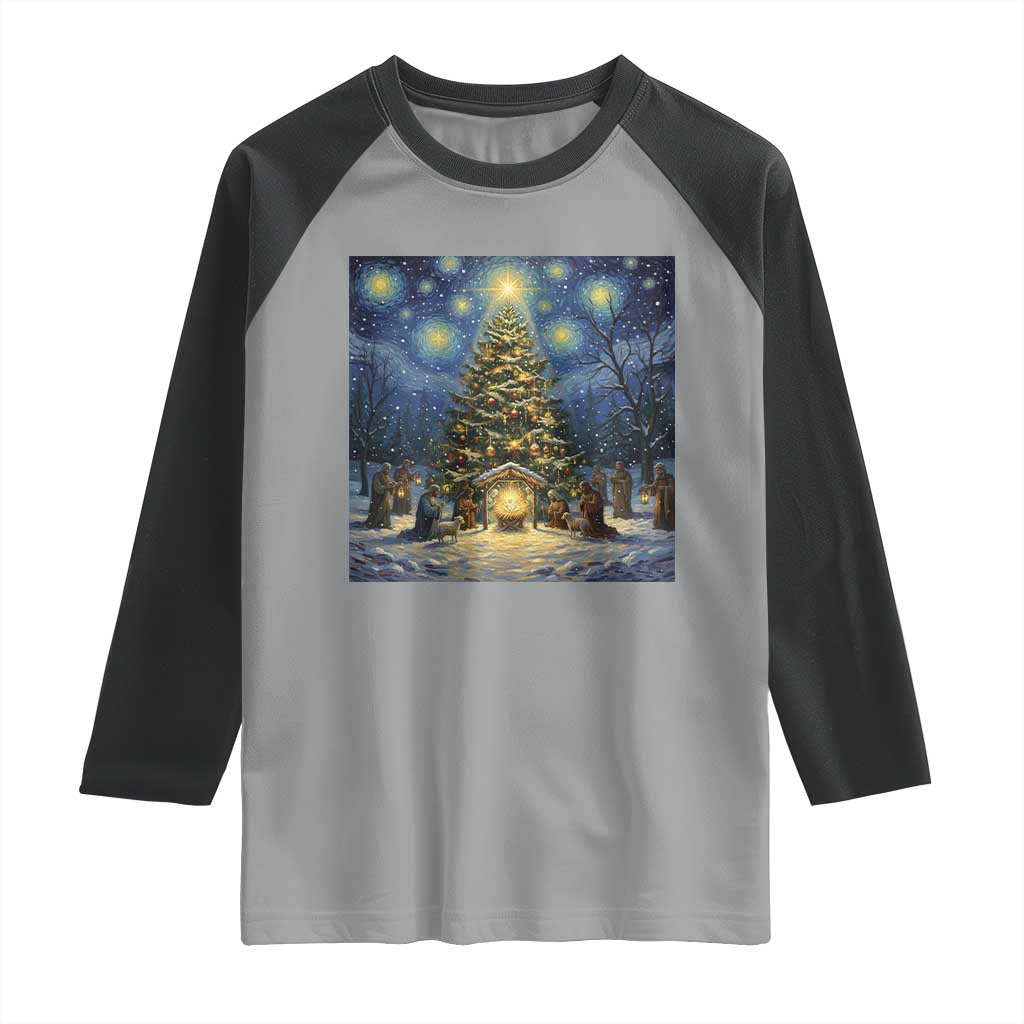Nativity Scene Raglan Shirt Christmas Starry Night Christian Jesus Baby Jesus Holiday - Wonder Print Shop